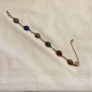 Multicolor Stone and Pearl Link Bracelet - Gold Tone